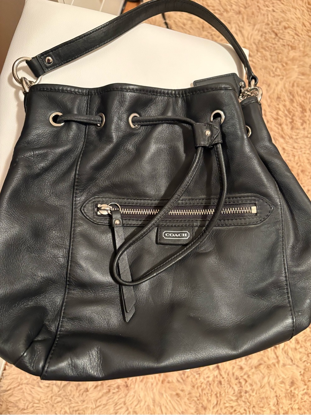 Coach Black Leather Drawstring Shoulder Bag - Classic Women's Handbag
